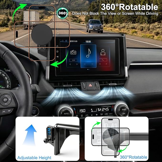 Car Phone Mount for Toyota RAV4 2019–2025 7/8-Inch Screen, OEM-Style Fit, 360° Rotation Phone Holder Compatible with MagSafe, No Vent Blocking, 100% Exclusive Development for Toyota RAV4 Accessories