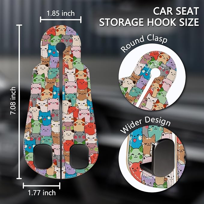 2PCS Car Seat Back Storage Headrest Hooks, Cute Cats Purse Holder Bags Hanger, PU Leather Double Metal Hook for Backseat Organizer, Women Car Accessories Organization