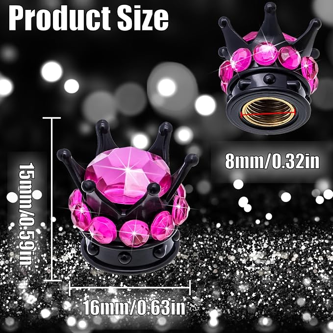 4PCS Crown Bling Tire Stem Valve Caps, Crystal Diamond Car Wheel Tire Valve Caps Universal Copper Core Stem Covers for Cars, SUV, Trucks, Bikes, Motorcycles, Bicycles (Black & Rose Red)