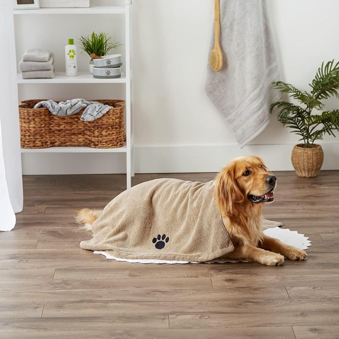 Pet Grooming Towel Collection Absorbent Microfiber X-Large, 41x23.5", Embroidered Taupe