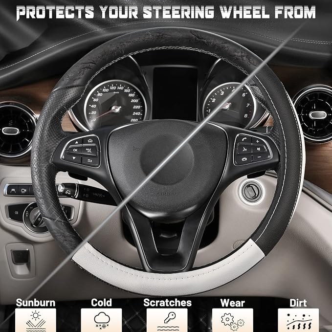 Car Steering Wheel Cover Universal Standard Size 14.5-15 inch, Black and White Microfiber Leather