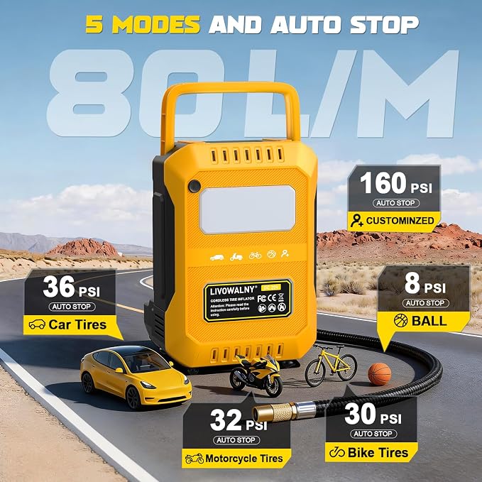 5X Faster Tire Inflator Air Compressor, 160PSI Cordless Air Pump Compatible with Dewalt 20V Battery with Digital Pressure Gauge, Deflator & Auto Shut-Off for Car, Motorcycle (Tool Only)