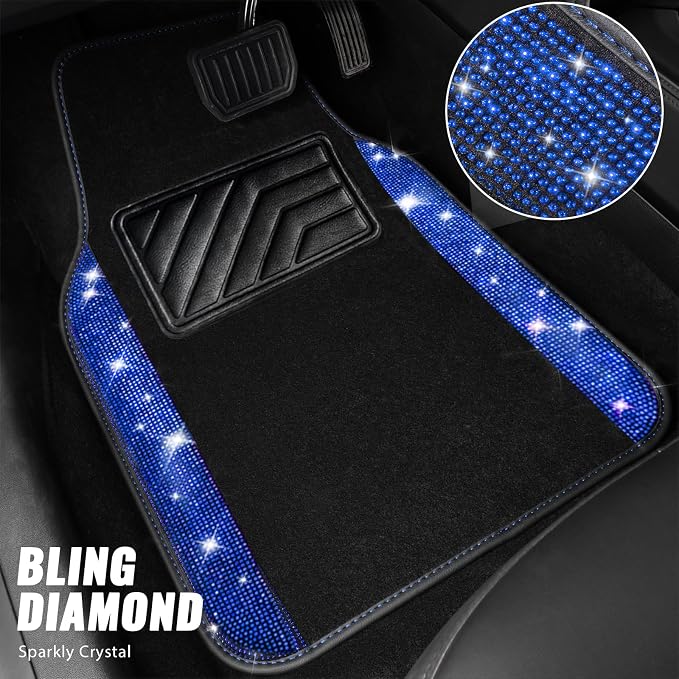Bling Rhinestones Diamond Car Floor Mat,Sparkly Glitter Shining Crystal Carpet Anti-Slip PVC Heel Pad Waterproof Universal for Automotive SUV,Sedan,Van,4pcs Girl Pretty Women Men Black Blue