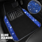 Bling Diamond Leather Steering Wheel Cover 14.5in-15in Floor Mats Shining Rhinestone Carpet Sparkly Glitter Crystal Anti-Slip Pad Fit Automotive SUV Pickup Truck Girl Women, 5pcs Black Blue
