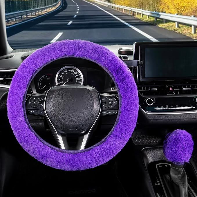 Furry Car Steering Wheel Cover with Fluffy Gear Shift Cover Soft Warm Non-Slip Car Decoration for Women Girls 2 PCS Set, Purple