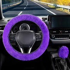 Furry Car Steering Wheel Cover with Fluffy Gear Shift Cover Soft Warm Non-Slip Car Decoration for Women Girls 2 PCS Set, Purple