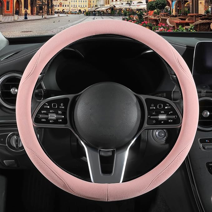 Pink Suede Steering Wheel Cover, Breathable Non-Slip Sweat-Proof Wear-Resistant No Pilling, Warm in Winter and Cool in Summer, Universal 15 inch