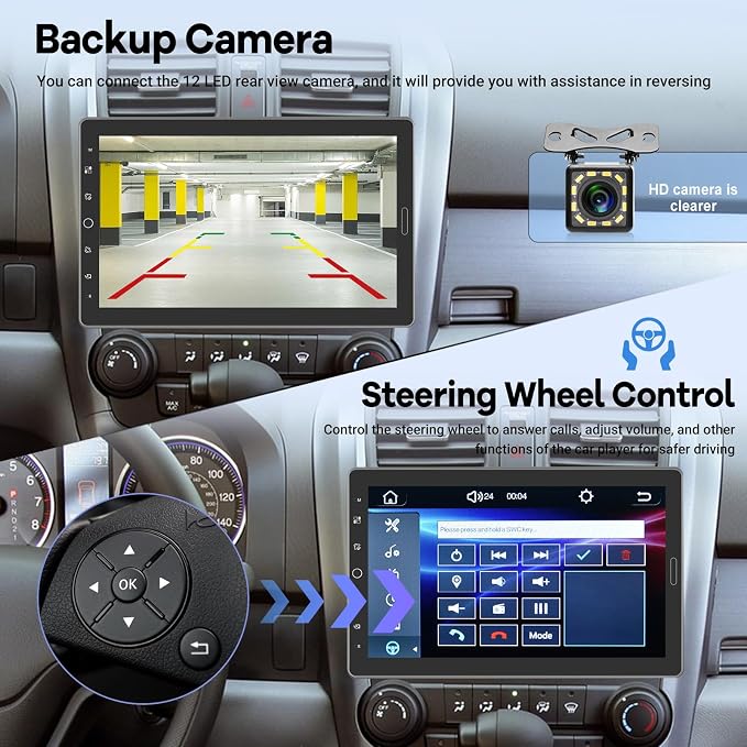 10.1 inch Single Din Car Stereo with CarPlay and Android Auto, 10 inch Touch Screen Radio with Mirror Link/1080P/EQ Audio/SWC/Bluetooth +Backup Camera+MIC