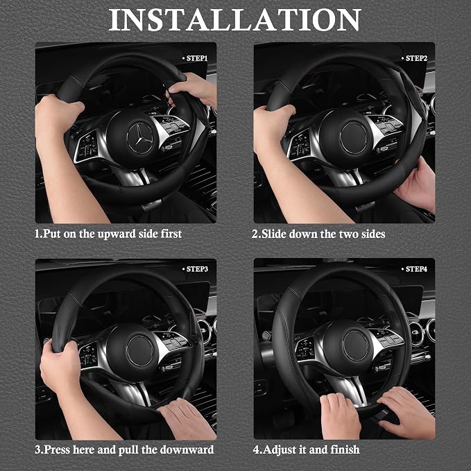 Microfiber Leather Steering Wheel Cover and Waterproof Car Floor Mats,Universal Car Combo Fit for 95% Sedan,SUV,Cars,14.5-15inch Anti-Slip Safety Comfortable Faux Leather Design(Solid Black)