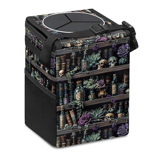 Gothic Witchy Skull Floral Car Trash Can with Lid Collapsible Reusable Waterproof Car Garage Bag,Automotive Garbage Can,Car Accessories Interior Car Organizer
