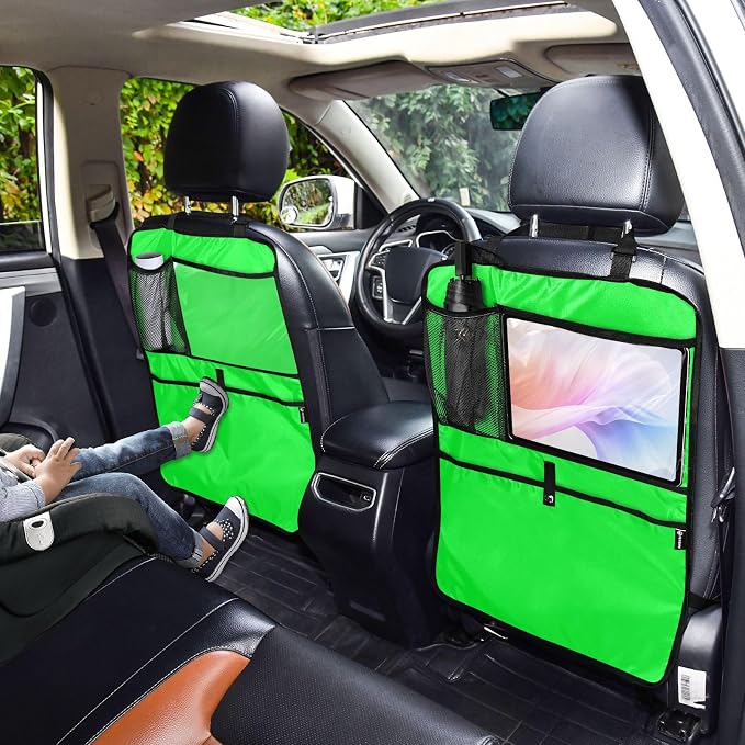 Neon Green Car Seat Organizer for Kids Backseat Kick Mat with Adjustable Strap Seat Back Protector for Car SUV Vehicle 1 Pcs
