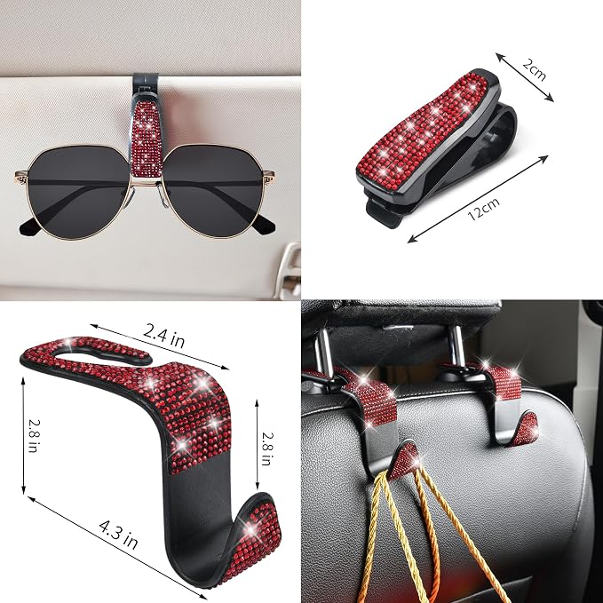 11 PCS Bling Red Steering Wheel Cover Set for Women, Sparkly Rhinestone Diamond Bling Seat Belt Cushion, Glitter Shift Knob Cover, Car Cup Holder Coaster, Cute Interior Sets Red 14.5"-15"