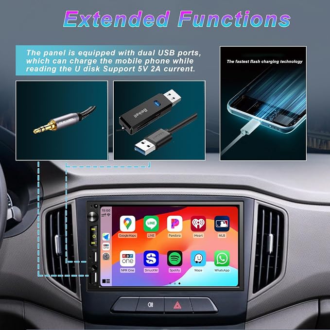 7 inch Double Din Car Stereo with Wireless Apple CarPlay, Android Auto Car Radio, Bluetooth 5.2, IPS 1024 * 600 Touchscreen, Backup Camera, FM Radio,Dual USB/Fast Charging/Subwoofer/Car Play