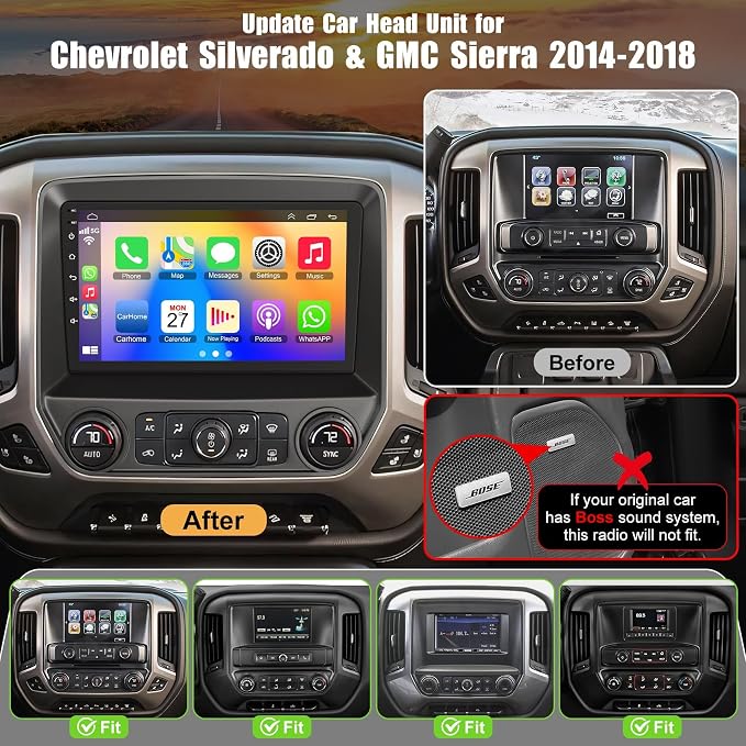 10.2 Inch QLED Carplay Screen for Chevrolet Silverado & GMC Sierra 2014-2018(Without Bo-seSystem),Android 13 Silverado Radio Stereo Support Wireless Carplay &Android Auto,Bluetooth&GPS,FM Radio