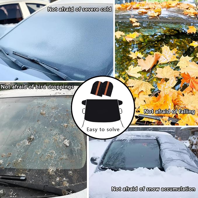 Snow Cover for Cars,Windshield Cover for ice and Snow and Ice Removal Sunshade,Frost Windshield Cover for Ice,2*Removal Side Mirror Protector,Wide Size 78"x47" inch,Black