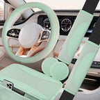 6 PCS Nappa Microfiber Leather Green Steering Wheel Cover Set, Breathable Fabric Steering Wheel Cover 14.5-15inch Universal, Car Center Console Cover, Seat Belt Cushion, Cup Holder Coaster