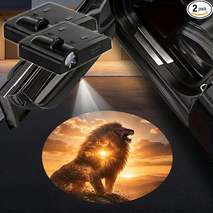 2PCS Lion Car Door Lights Projector, Magnetic Logo Projector Door Lights, Wireless LED Welcome Puddle Light, Lion Car Accessories Decor, Lions Gifts for Women Men, Fit All Vehicles Motorcycle