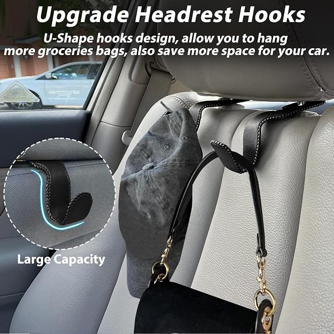 Purse Hook for Car Seat Headrest, Car Purse Holder Leather Vehicle Storage Organizer for Handbags, Groceries, 2Pack Black