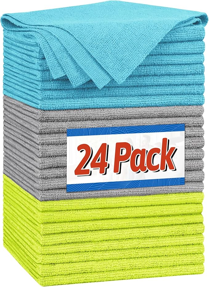 Microfiber Cleaning Cloth, Shop Towels Bulk, 24 Pack Microfiber Towels for Cars, All-Purpose Absorbent Cleaning Rags, Dust Cloth for Automotive, Mechanic, Garage, Bar, 12 x 11 inch