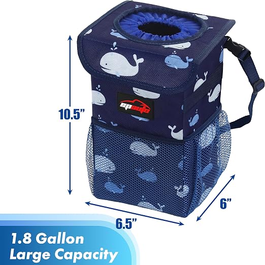 Waterproof Car Trash Can with Lid and Pockets, 1.8 Gal, Blue | Leakproof, Collapsible Multipurpose Car Bin with 3 Side Storage Pockets, Adjustable Straps