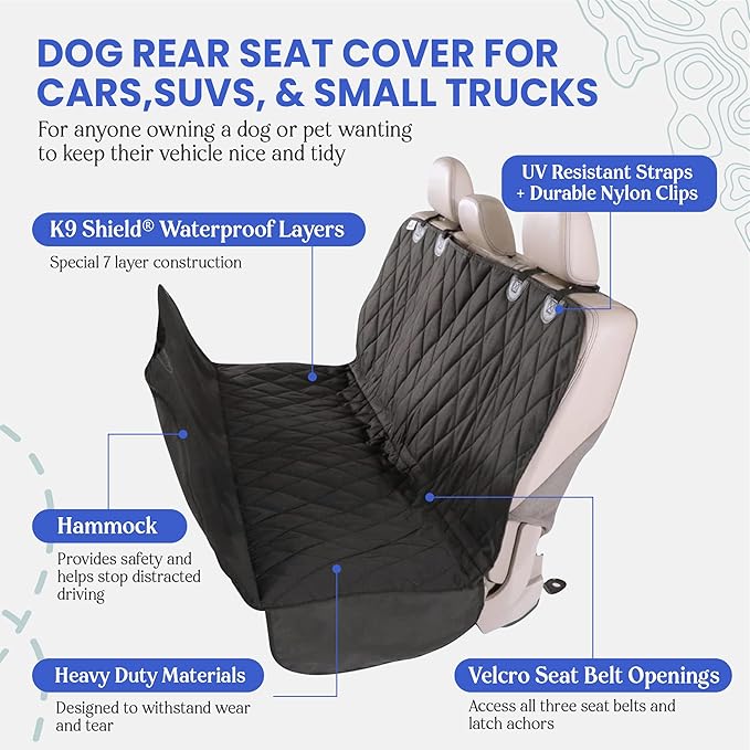 Dog Backseat Cover with Hammock for Cars, SUVs, and Trucks – Waterproof Layers, Nonslip Seat Protector, Durable Nylon Clips, K9 Shield with Heavy Duty Thread, (Regular, Grey)