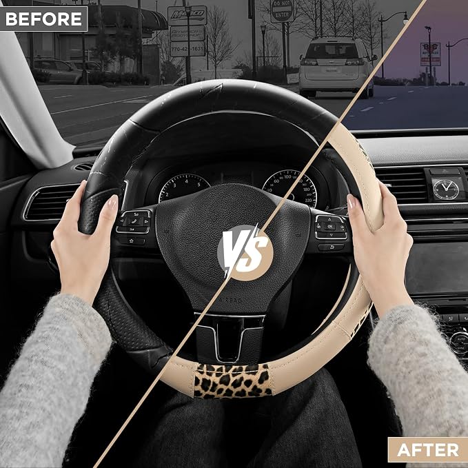 Steering Wheel Cover - Flat Bottom Wheel Cover Made with PVC Leather and Leopard Fabric - Universal Fit for 15-Inch D-Shaped Automotive Steering Wheels (Milky White)