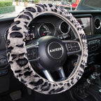 Elastic Long Microfiber Plush Steering Wheel Cover for Winter Warm, Universal 15 inch, Anti-Slip, Odorless, Leopard Gray