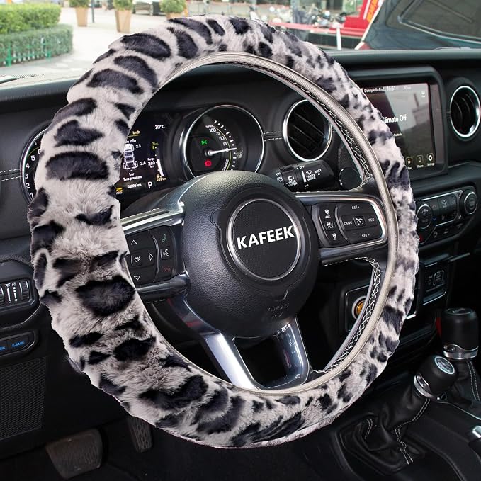 Elastic Long Microfiber Plush Steering Wheel Cover for Winter Warm, Universal 15 inch, Anti-Slip, Odorless, Leopard Gray