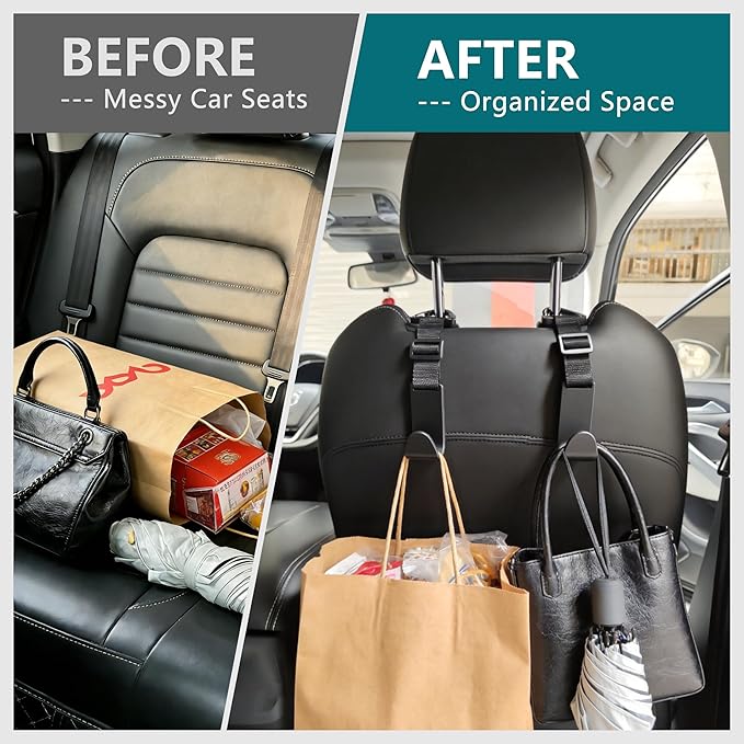Headrest Hooks for Car Adjustable 4 Pack Vehicle Seat Back Organizer Storage Hanger Holder for Purse Bags Universal Fit with Clip Black