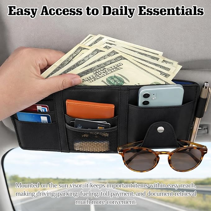 Black Car Sun Visor Organizer, 1-Pack Multi-Pocket Auto Storage Pouch for SUV and Truck, PU Leather Visor Holder with Zipper Pocket, Card Slots, Pen Loop, Sunglasses and Key Storage