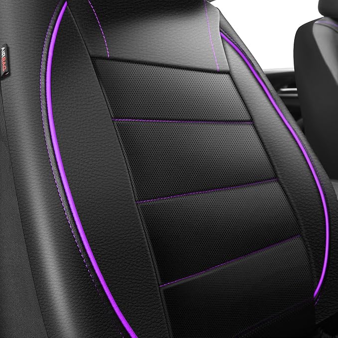 Universal FIT Piping Leather Two Front Seat Covers, Waterproof Faux Leather for SUV Sedan Van Truck, Airbag Compatible,Reserved Opening Holes for Headrest Covers(Black and Purple)