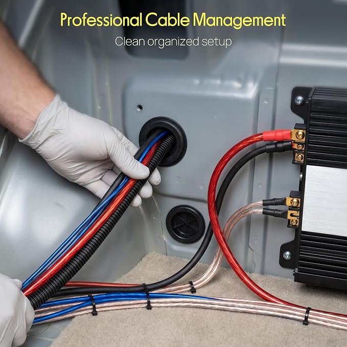 Pyle 4-Gauge Car Amplifier Wiring Kit for Car Audio | Complete amp wiring kit with power, ground, remote, speaker wire, RCA cables, and 100A fuse for car audio installation.