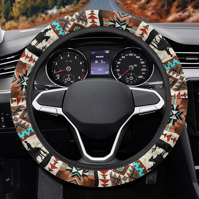 Car Steering Wheel Cover, 15 Inch Soft Breathable Steering Wheel Protector for Women Men, Universal Fit for SUV Sedan Van Truck, Aztec Horse Cowboy Cactus