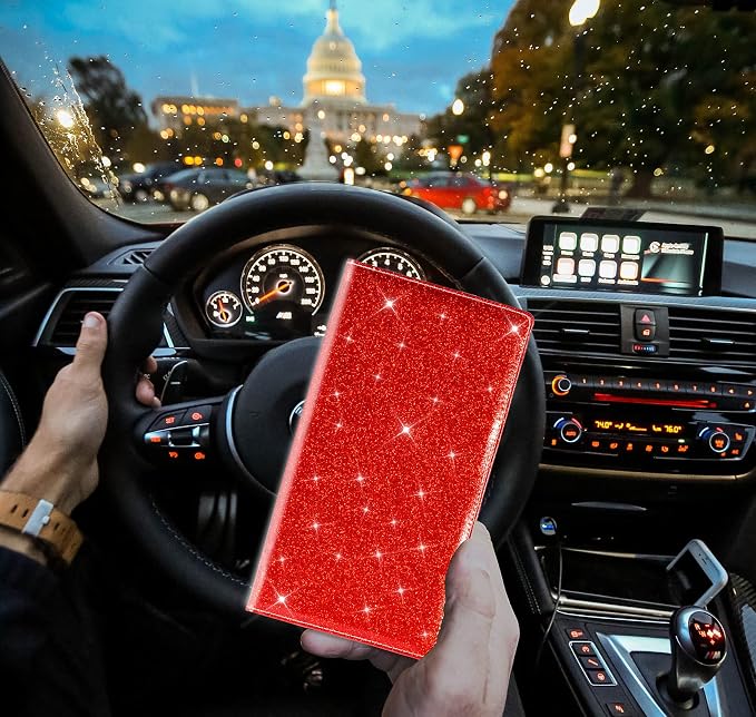 Car Registration and Insurance Card Holder, Vehicle License Document Glove Box Compartment Organizer, Interior Car Accessories for Women Men (Glitter Red)