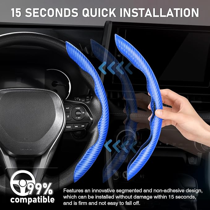 Steering Wheel Cover, Carbon Fiber Steering Wheel Cover, Car Steering Wheel Cover for Men/Women, Anti-Slip, Comfortable Grip, Durable, Universal for 99% Car Interior Accessories (Blue)