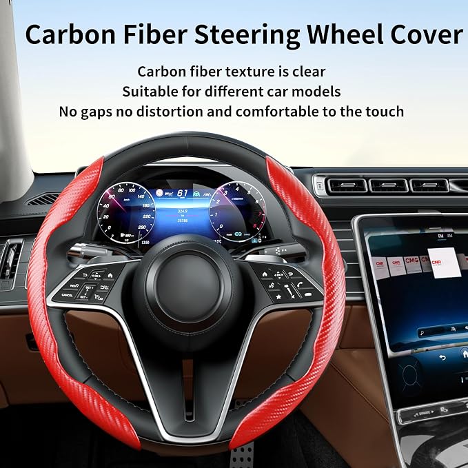 2Pc Carbon Fiber Steering Wheel Cover Universal Fit 99% Cars | Non-slip soft grip, easy to wipe clean, quick to install, perfect for daily commutes and road trips, Red