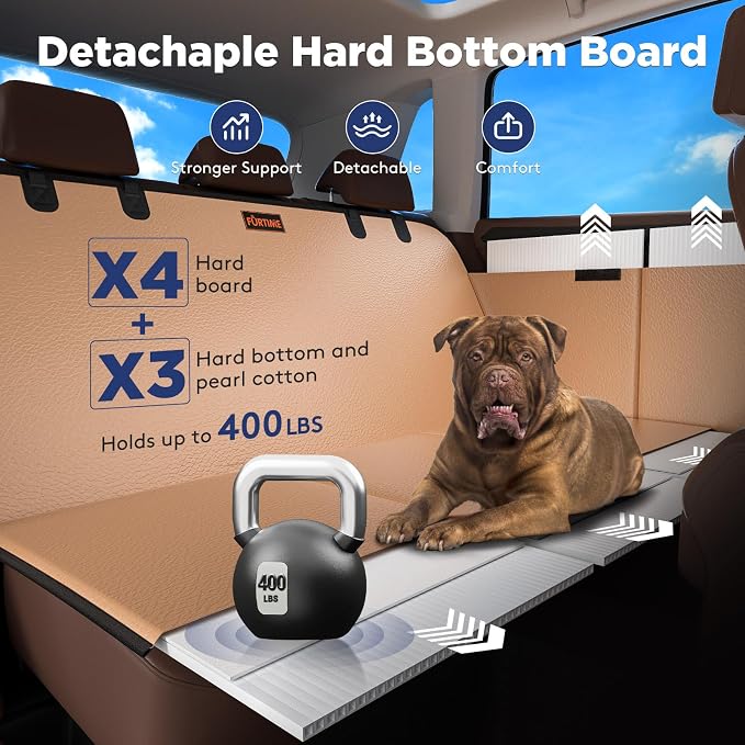 Dog Car Seat Cover for Back Seat, Upgraded PU Leather Back Seat Extender with Hard Bottom Holds 400LBS, Waterproof Anti-Scratch, Large Space Back Seat Pet Cover for Car, SUV, Brown