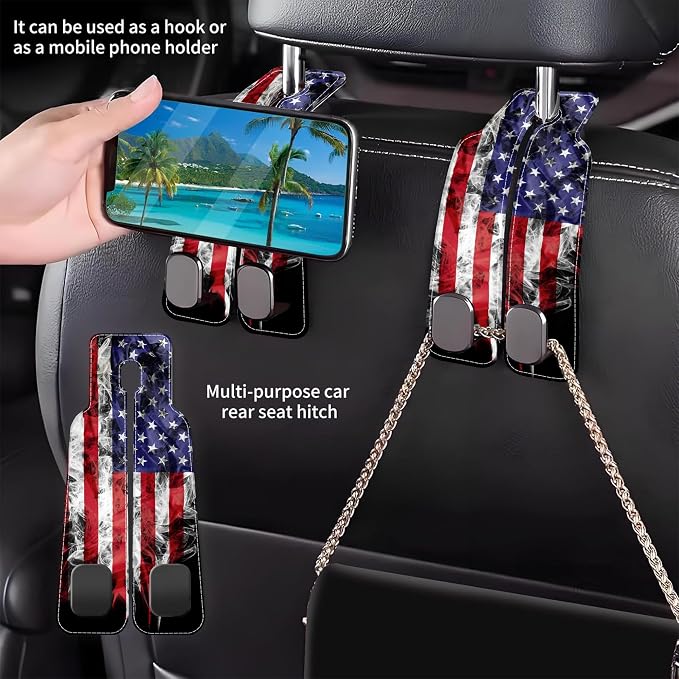 Car Headrest Purse Hanger Vintage National America Flag 1 Pack Bag Purse Holder for Car Premium Leather Double Metal Hook for Handbags, Grocery Bags and Phones