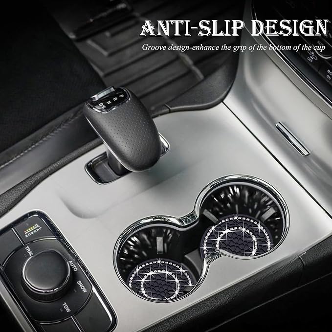2PCS Bling Crystal Rhinestone Cup Holder Coaster, 2.75 inch Soft Silicone Anti-Slip Shockproof, Car Cup Holder Insert Coasters, Universal Car Interior Accessories for Women (Black & White)
