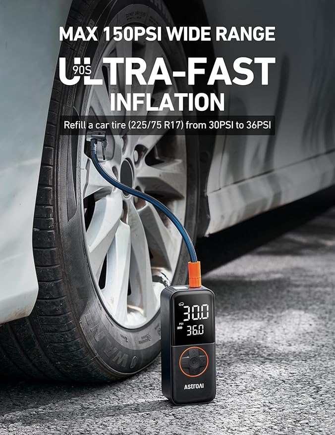 L4 Cordless Tire Inflator Portable Air Compressor, 150PSI Portable Air Pump for Car Tires, Battery Electric Tire Pump with Pressure Gauge, Ultra-Fast Inflation for Cars,Motorcycles,Bikes,Balls