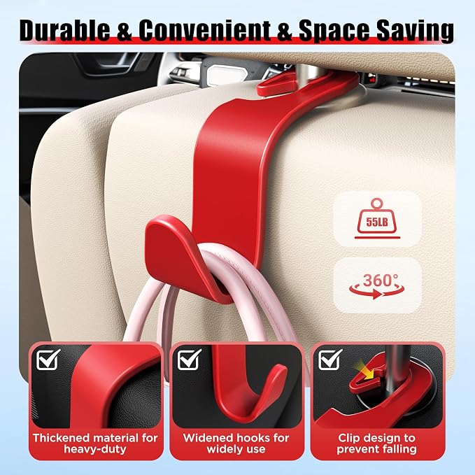 Car Seat Headrest Hook 4 Pack Hanger Storage Organizer Universal for Handbag Purse Coat Universal fit Vehicle Car Red with Clip