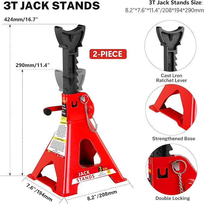 4 Piece Car Jack and Stand Kit with 2 Ton Floor Jack,Jack Stands Tire Repair Kit for Garages, Automotive,Repair Shops and DIY, Portable, Lifting Range 3.3" - 15.2", Heavy Duty Steel, Red
