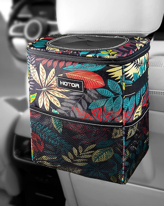 Car Trash Can with Lid and Storage Pockets - 100% Leak-Proof Organizer, Waterproof Garbage Can, Multipurpose Trash Bin for Car, 2 Gallons, Autumn Leaves