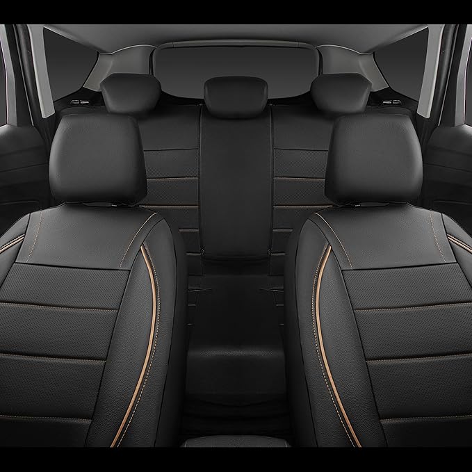 Universal FIT Piping Leather Two Front Seat Covers, Waterproof Faux Leather for SUV Sedan Van Truck, Airbag Compatible,Reserved Opening Holes for Headrest Covers. (Black and Beige)