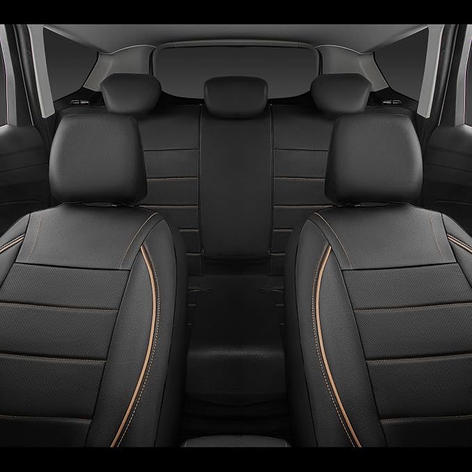 Universal FIT Piping Leather Car Seat Cover, for suvs,Van,Trucks,Airbag Compatible,Inside Zipper Design and Reserved Opening Holes (Full Set, Black and Beige)