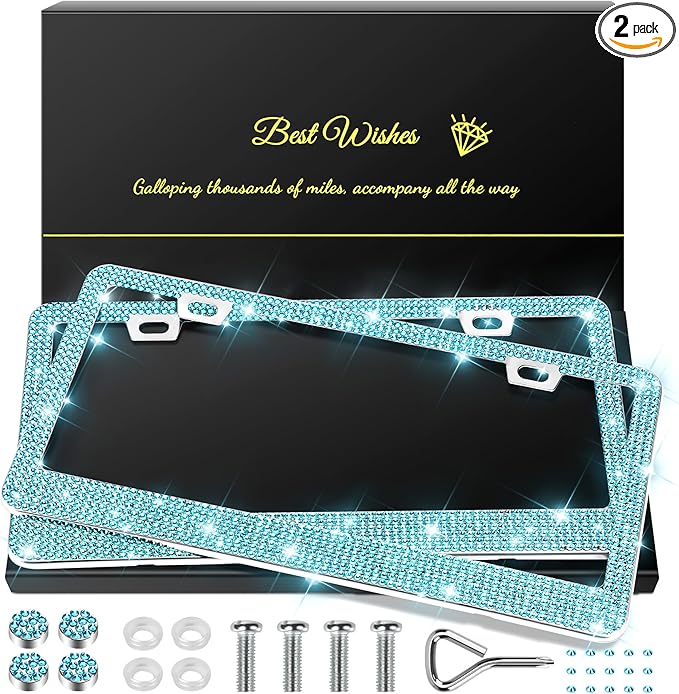 2 Pack Bling License Plate Frames for Women, Sparkly Rhinestone Diamond Car Accessories with Glitter Crystal Caps (Lake Blue)