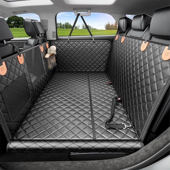 Dog Car Seat Cover for Back Seat, Hard Bottom Dog Hammock, Pet Bed Extender for 2-4 Large/Medium Dogs, Waterproof Seat Protector, Universal L Size for SUV Medium Truck, Black+Orange