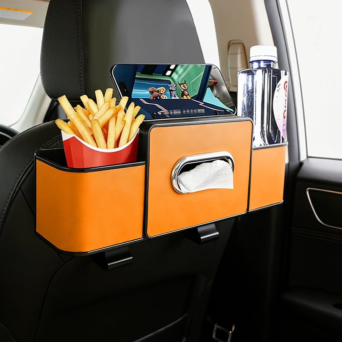 Back Seat Car Organizer, 4+2 in 1 Multifunctional Car Backseat Storage Box with 5 Cup Holders Tissue Box Hook, Car Interior Storage for Travel Phones Snacks Drinks(Orange)