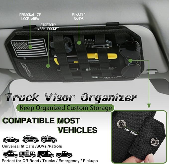 Tactical Car Sun Visor Organizer, Auto Semi-Rigid Molle Panel with Zipper Storage Pouch & Glasses Holder for Police Gear & Overland Accessories, Universal Fit for Trucks, SUVs, Jeeps & Patrols, Black