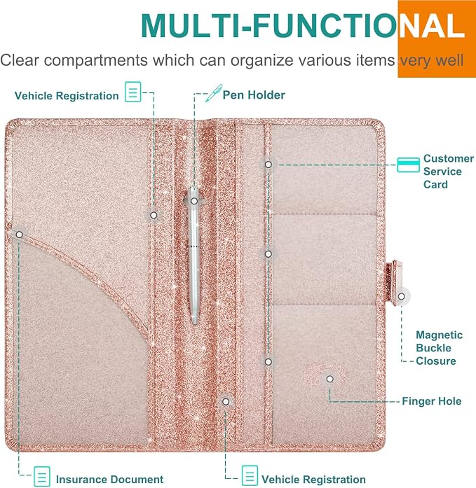 Car Registration & Insurance Holder, Vehicle Glove Box Organizer, Cool Accessories for ID, Driver License Cards & Essential Documents, Glitter Rose Gold